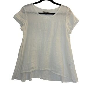 FLAX Linen White Shirt Top Short Sleeve Asymmetrical Hem Size P Small Lagenlook